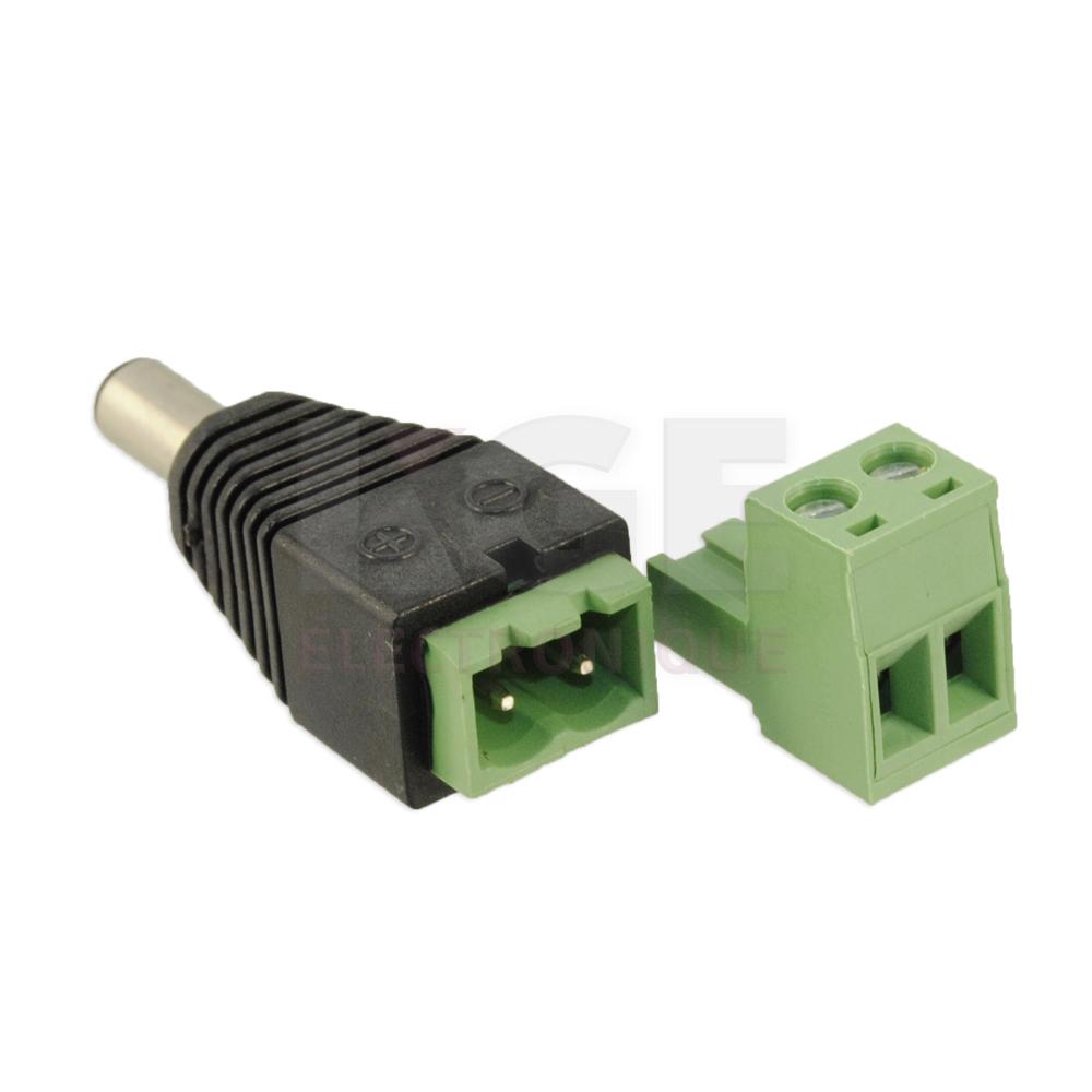 DC 2.1mm x 5.5mm mâle to 90° pitch screw terminal block adapter