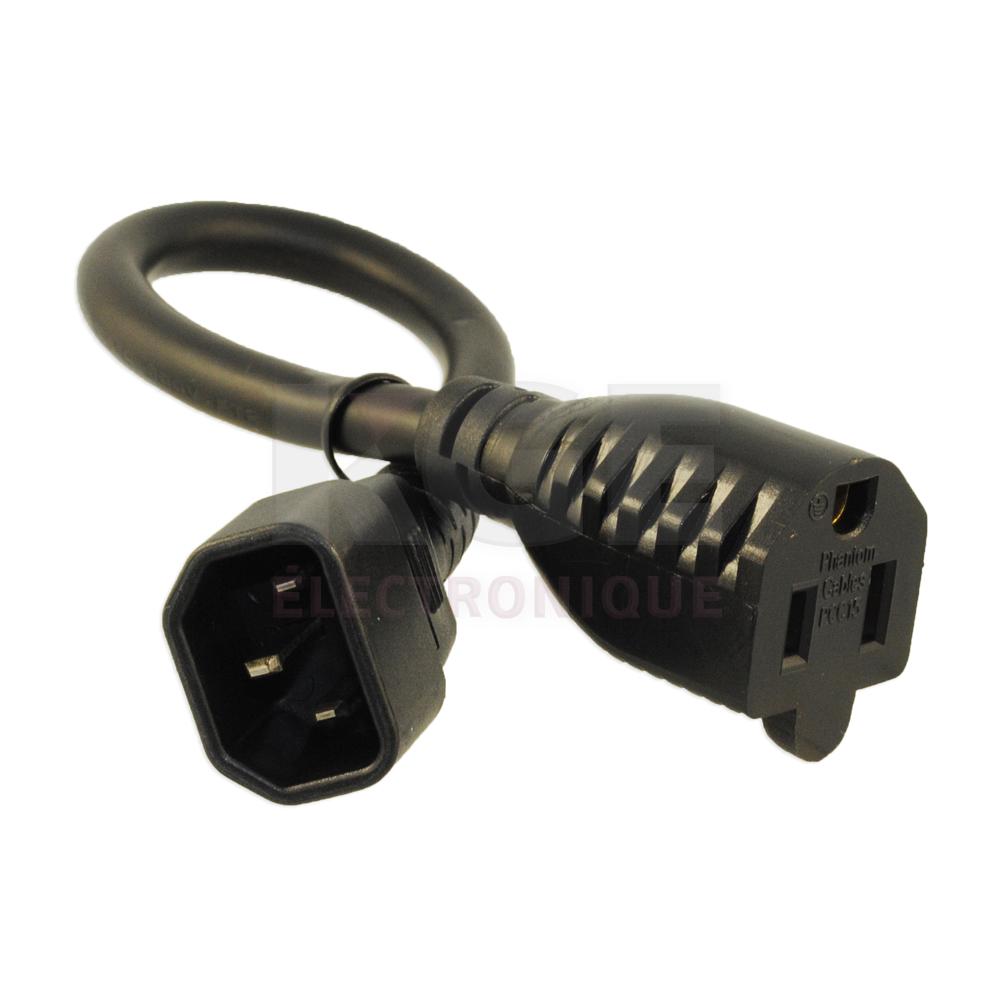 Câble d'alimentation NEMA 5-15R femelle à IEC C14 mâle 1 pied - 14AWG SJT