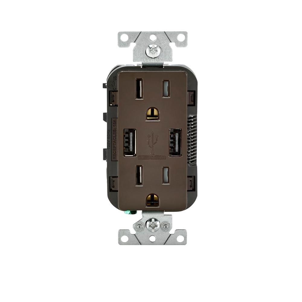 Double Combo with 2 USB 15A 125V - Brown