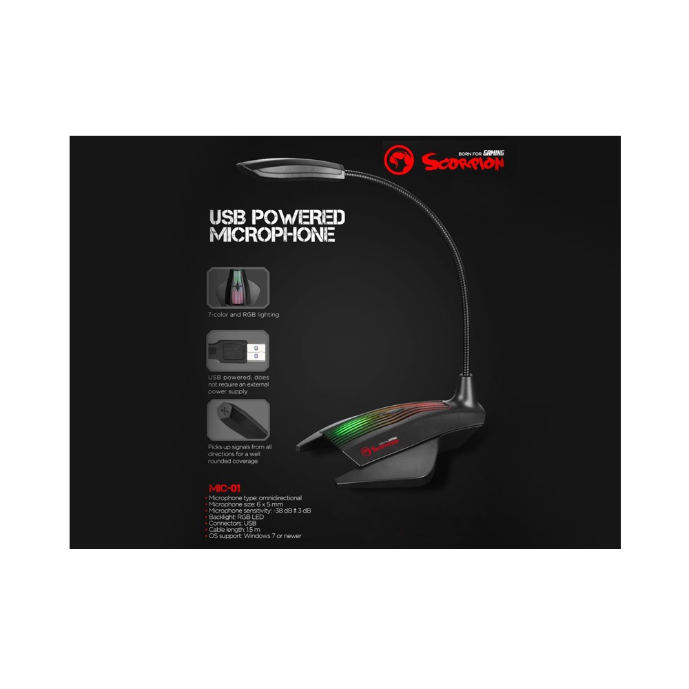 Microphone Gaming Marvo USB LED RGB et 7 Couleurs