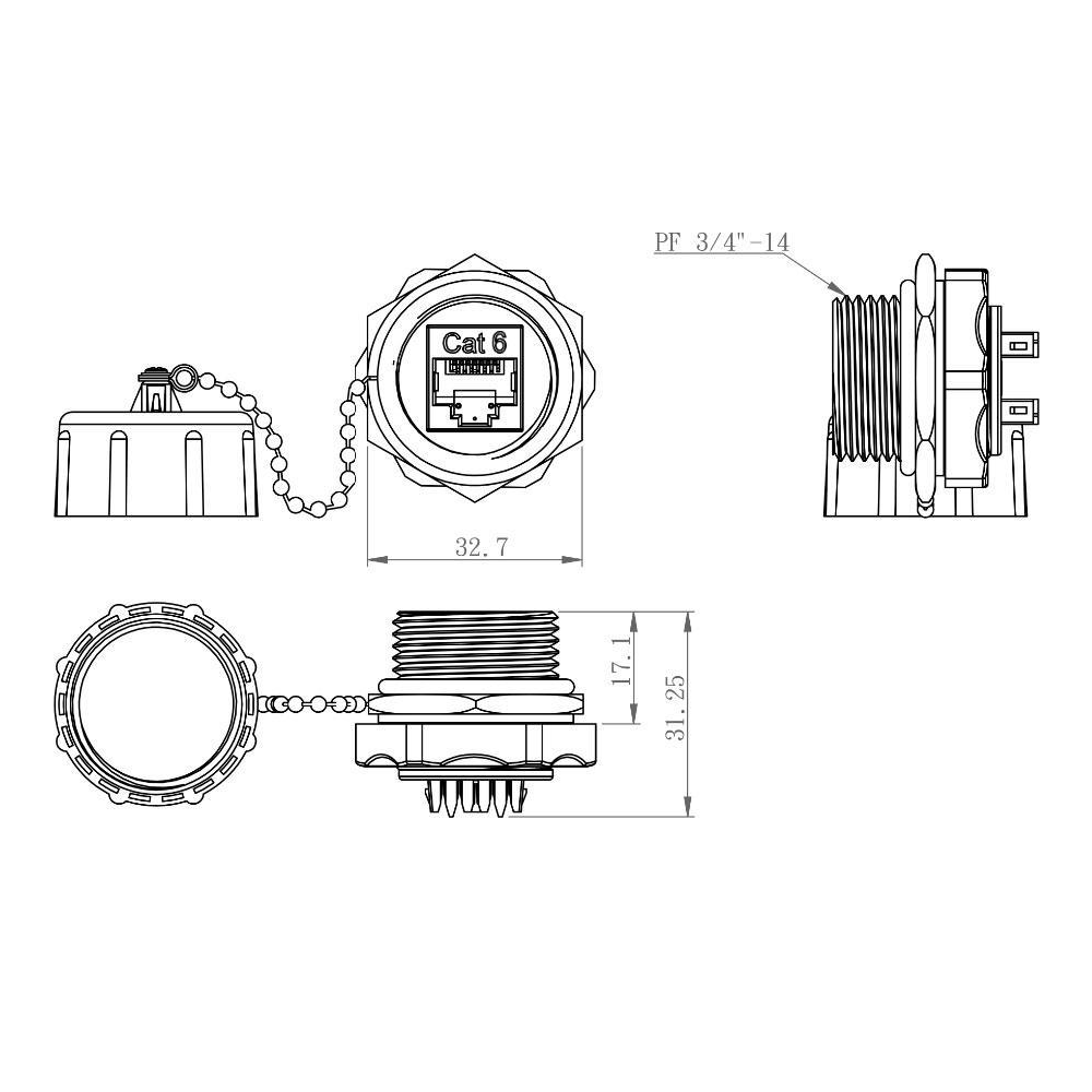 Femelle RJ45 blindée pour boitier - CAT6 - poinçon 110  - Étanche IP68