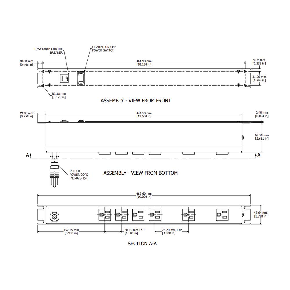 Barre d'Alimentation 15A pour Cabinet Arrière - Noire, 6 Prises, Fil 6', Interrupteur On/Off