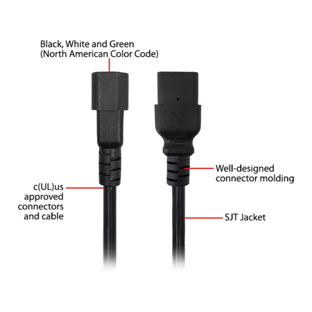 14AWG 15A 250V 6ft IEC C14 to IEC C19 Black Power Cable SJT