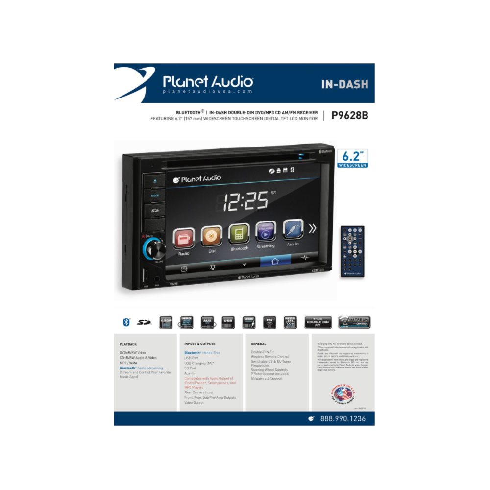 PLP9628B Planet Audio Double-DIN DVD Player Touchscreen Bluetooth 6.2