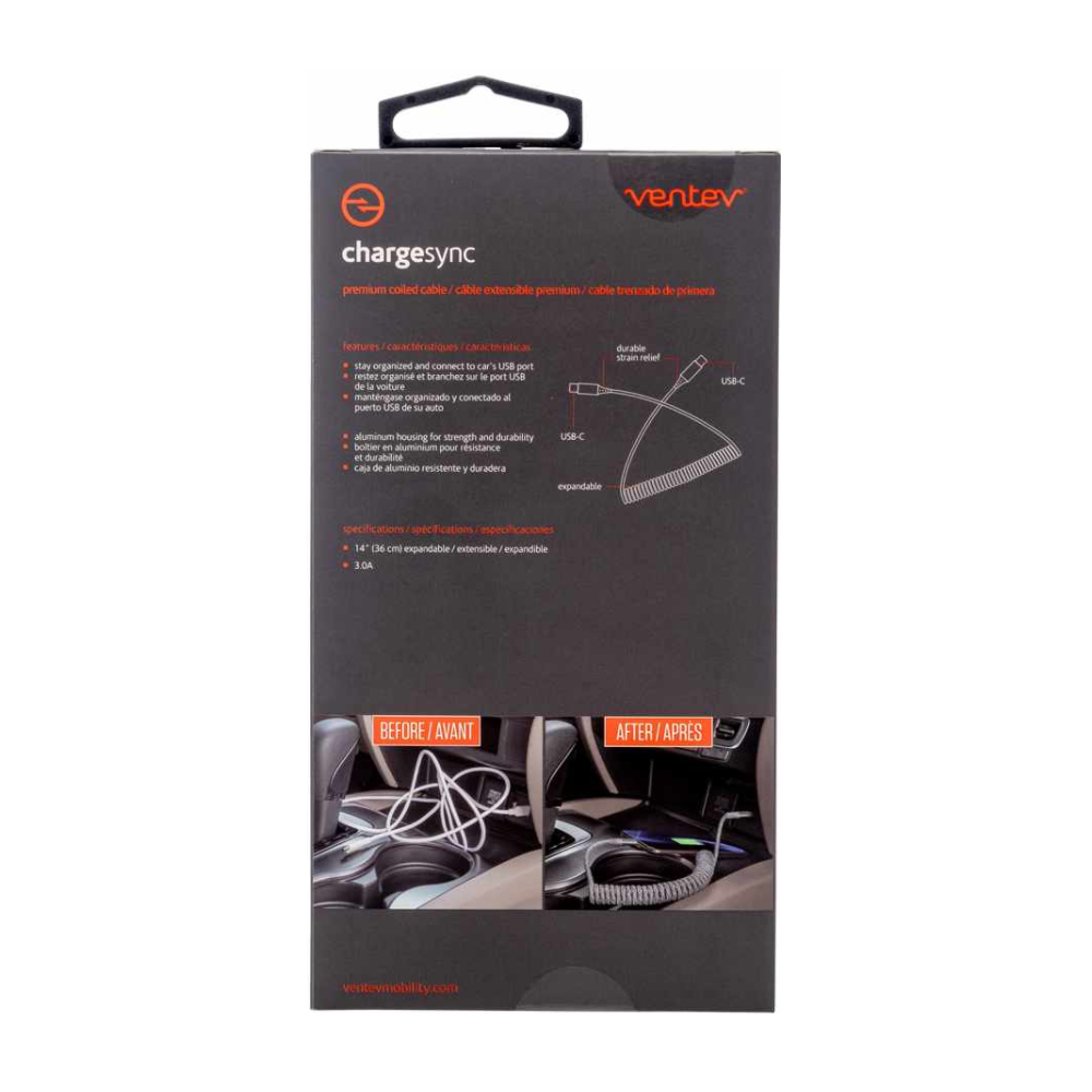 Ventev - Câble USB-C à USB-C spiralé Charge/Sync Helix de 3 pieds gris