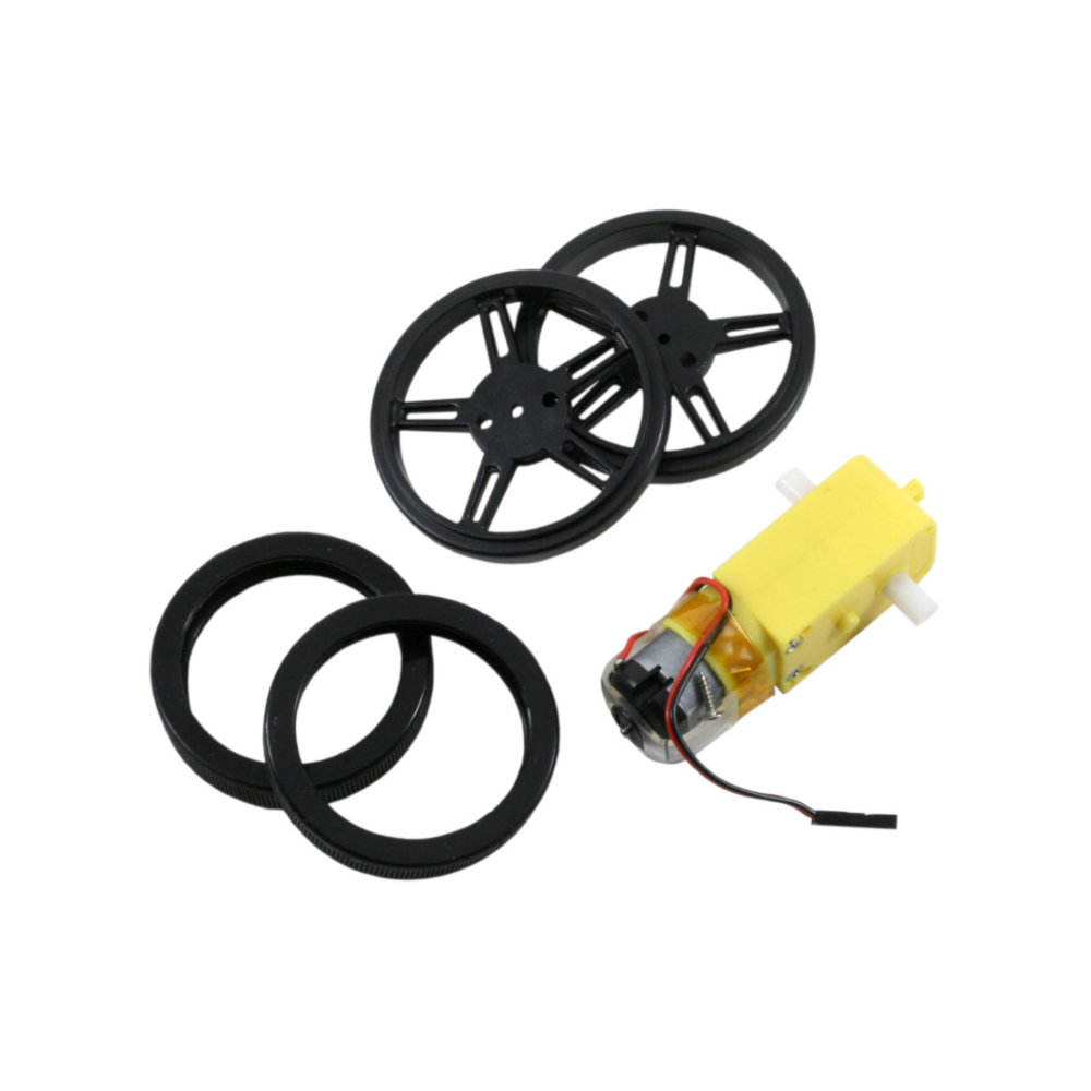 Moteur à courant continu avec connecteur d'alimentation câblé et deux roues adhérentes.