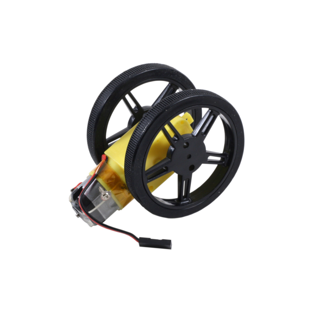 Moteur à courant continu avec connecteur d'alimentation câblé et deux roues adhérentes.