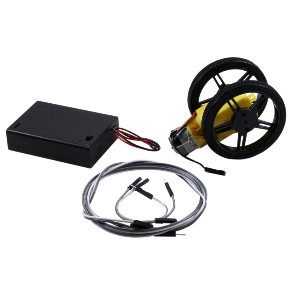 Moteur à courant continu avec connecteur d'alimentation câblé deux roues adhérentes ZipWire™ et boîtier de batterie.