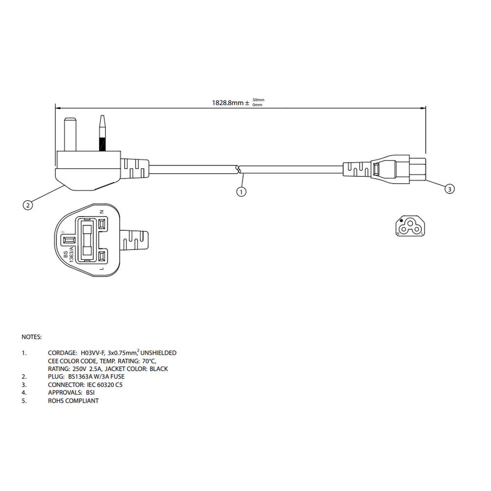 Mains Power Cord, UK (BS 1363A Plug) to IEC 60320 C5