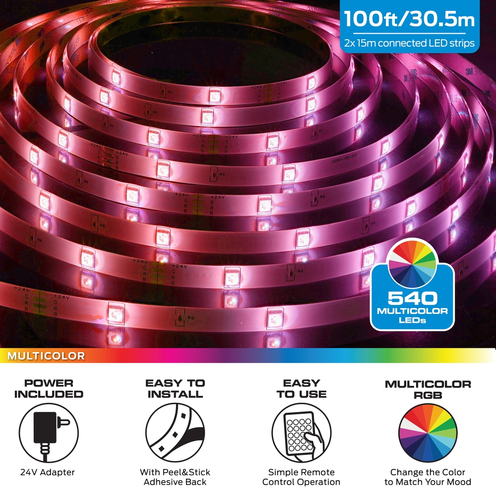 Bande lumineuse LED multicolore de 100 pieds (2 x 50')