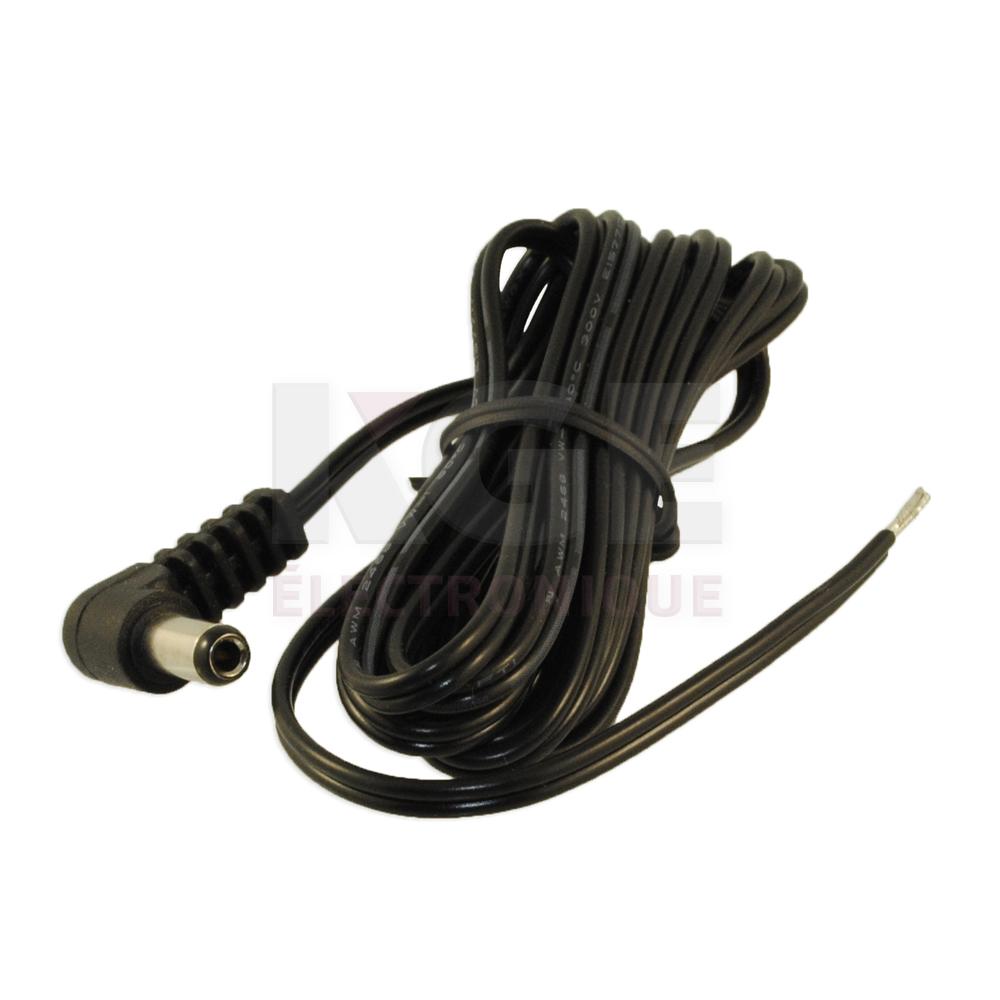 Coaxial Power DC Cable - 2.5 x 5.5 x 11mm Plug to Wire Leads, 6ft 22AWG, Right Angle